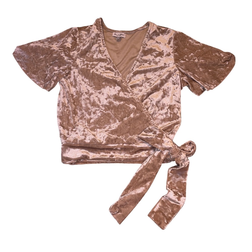 Y2K Whimsigoth XS Blush Pink Crushed Velvet Wrap Top Tie Waist Balletcore